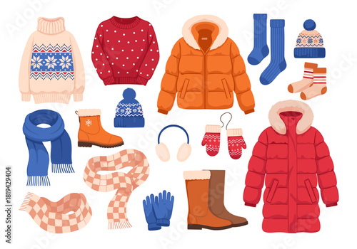 Winter clothing collection with sweaters, warm coats, hats, scarves, gloves, boots, and earmuffs, ready for cold weather activities and fashion style