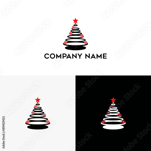 Minimalist and elegant abstract Christmas tree logo design with stacked curved elements and a bright red star, suitable for various holiday branding and festive promotions