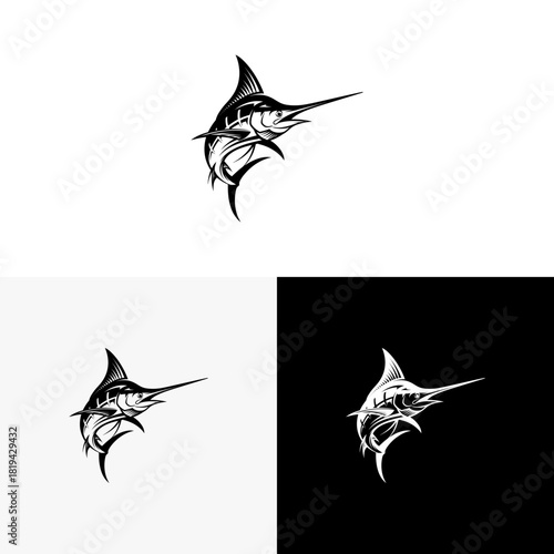 Powerful marlin fish leaping from the water in a dynamic black and white illustration, ideal for a sport fishing logo or emblem design