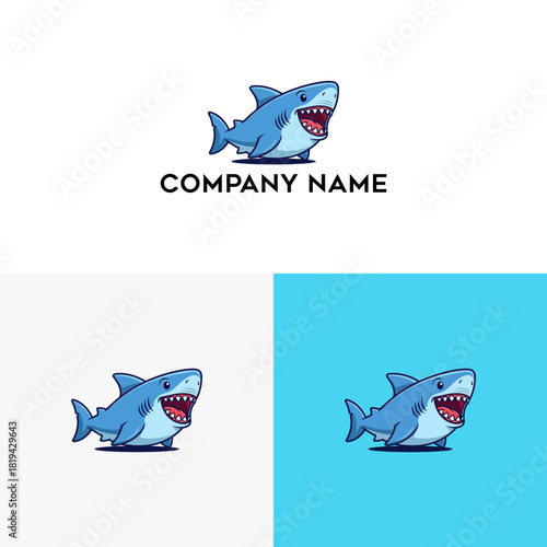 Cute smiling shark mascot logo design. A friendly cartoon character illustration of a blue fish for a brand identity or team emblem