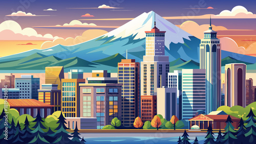 Very beautiful view of downtown Portland, Oregon, with modern high-rise buildings in the foreground and the majestic snow-capped peak of Mount Hood rising in the background under clear daylight.