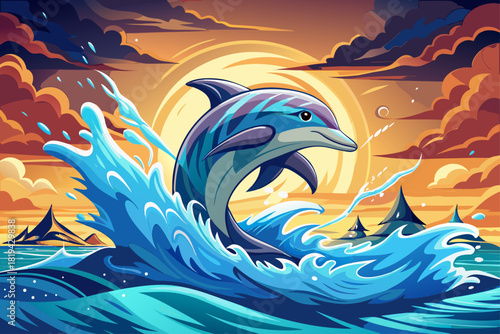 vector of A dolphin leaping from the ocean with dynamic water and lightning, displaying aquatic agility and natural grace, a vibrant scene of marine wildlife.