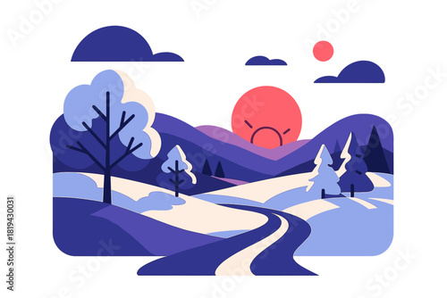 Winter Sunrise Serenity. Winter Sunrise Over the Hills. A serene winter landscape with soft golden sunlight