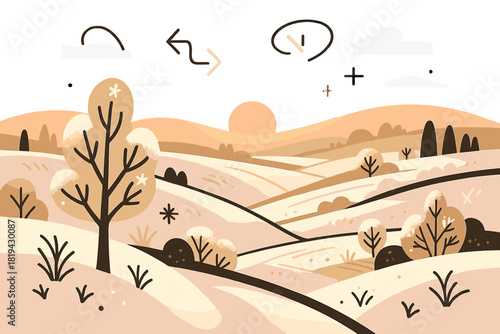 Frosty Sunrise Hills. Sunrise over frosty hills. Soft snow on rolling hills, warm pastel sky, trees and fields