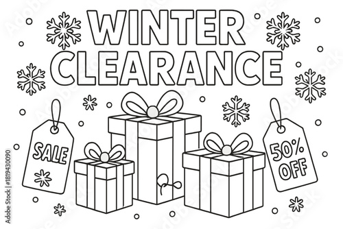 Winter Sale Coloring Page. Winter Clearance sale poster children’s coloring book illustration, outlined