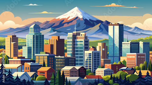 Very beautiful view of downtown Portland, Oregon, with modern high-rise buildings in the foreground and the majestic snow-capped peak of Mount Hood rising in the background under clear daylight.