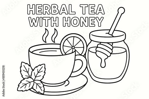 Herbal Tea Coloring Page. Herbal tea with honey children’s coloring book illustration, outlined drawing,