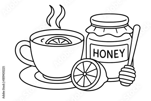 Tea and Honey Coloring. Hot tea served with lemon and honey children’s coloring book illustration, outlined