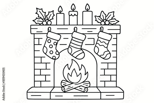 Festive Fireplace Coloring. Fireplace mantel with stockings children’s coloring book illustration, outlined