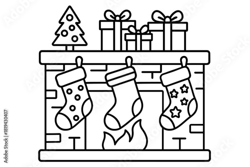 Festive Mantel Coloring. Festive mantel and stockings children’s coloring book illustration, outlined drawing,