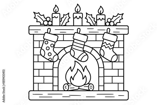 Cozy Fireplace Coloring Page. Fireplace mantel with stockings children’s coloring book illustration, outlined