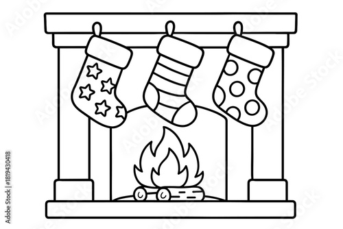 Christmas Stockings Coloring. Stockings by the fire children’s coloring book illustration, outlined drawing,