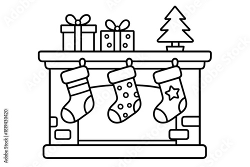 Festive Mantel Coloring Page. Festive mantel and stockings children’s coloring book illustration, outlined