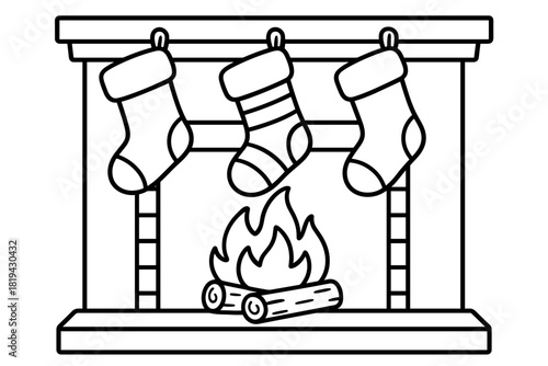 Stockings by the Fire. Stockings by the fire children’s coloring book illustration, outlined drawing,