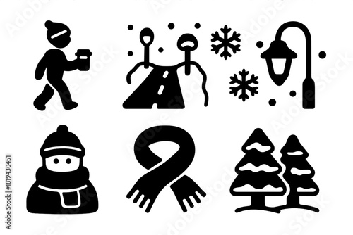 Winter Coffee Icons. Takeaway coffee walk in the snow. Filled icon set of takeaway coffee walk in the snow: