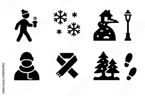 Snowy City Icons. Snowy city coffee walk. Filled icon set of snowy city coffee walk: person with takeaway