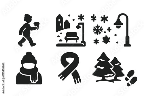 Winter Coffee Icons. Coffee walk in winter snow. Filled icon set of coffee walk in winter snow: person holding