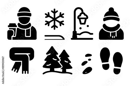 Snowy Coffee Walk Icons. Snowy walk with coffee. Filled icon set of snowy walk with coffee: person with