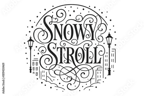Snowy Flourish Elegance. Snowy Stroll — Flourish Lettering with elegant swashes and curls around tall serif