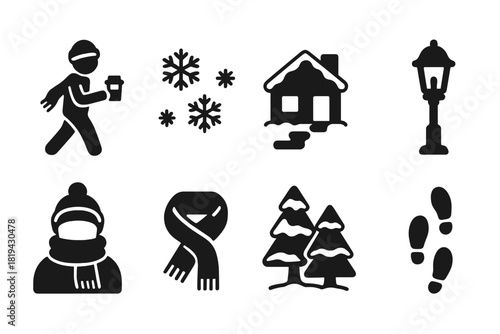 Winter Coffee Icons. Winter walk with takeaway coffee. Filled icon set of winter walk with takeaway coffee: