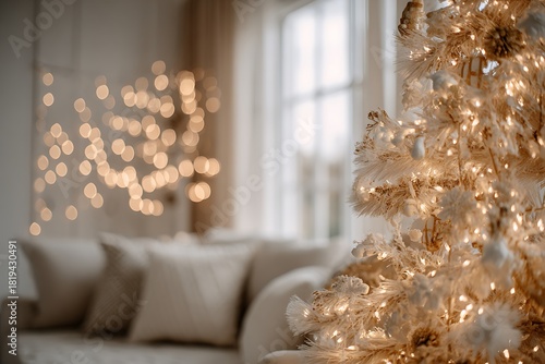 Decorated christmas tree illuminating cozy holiday living room