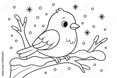 Bird on Snowy Branch. Snow-covered branch and bird children’s coloring book illustration, outlined drawing,