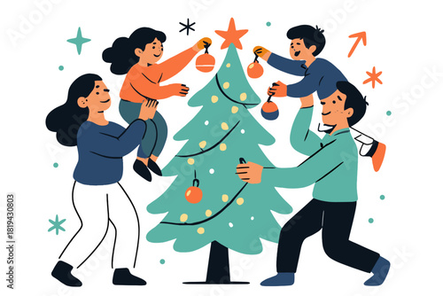 Festive Tree Decorating. Family decorating a Christmas tree. Parents lifting kids to hang ornaments, twinkling