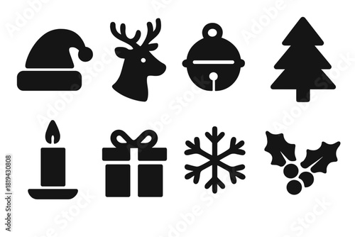 Christmas Icons Set. Christmas Icons. Filled icon set of Christmas Icons: Santa hat, reindeer, sleigh bell,