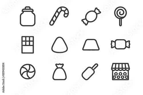 Candy Shop Icons. Candy shop. Line outline icon set of candy shop: candy jar, candy cane, wrapped candy,