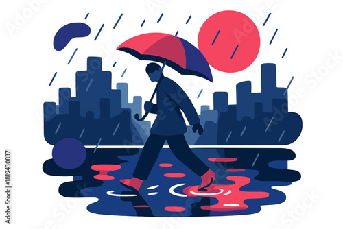 Rainy Reflection Play. Rainy city reflection. Figure with umbrella stepping through glowing puddles, lights