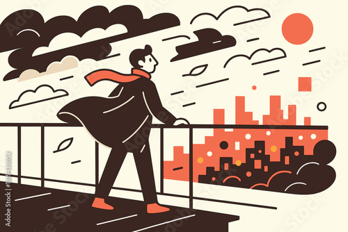 Windy Rooftop View. Windy rooftop view. Person standing near railing, coat fluttering as clouds race overhead.