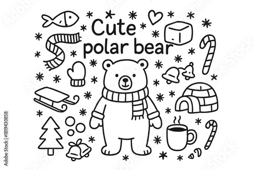 Cute Polar Bear Doodle. Cute polar bear. Hand-drawn doodle illustration of Cute polar bear. Polar bear, fish,