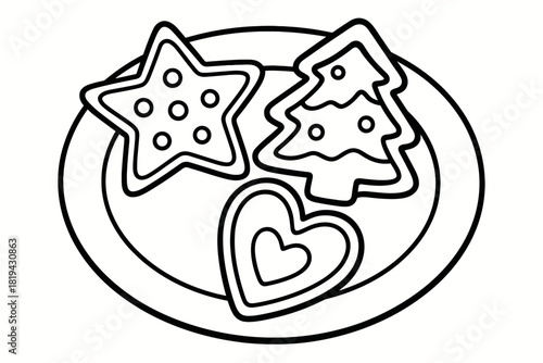 Christmas Cookies Coloring. Christmas cookies children’s coloring book illustration, outlined drawing, plate