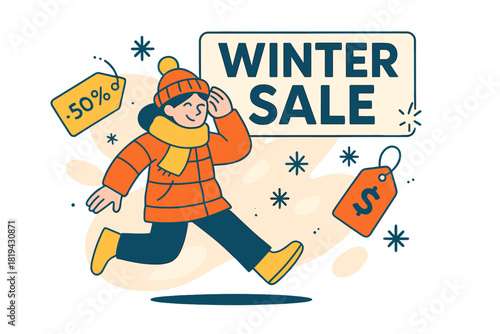 Winter Sale Extravaganza. Winter Clearance sale. Cozy winter outfit display, floating price tags and