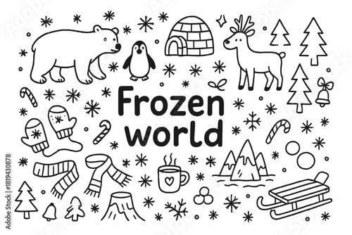 Frozen World Doodle. Frozen world. Hand-drawn doodle illustration of Frozen world. Polar bear, penguin, igloo,