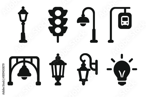 Urban Lantern Icons. City Lanterns. Filled icon set of City Lanterns: streetlight, traffic light, lamp post,