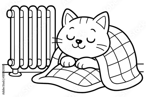 Fluffy Cat Napping. Cat and blanket children’s coloring book illustration, outlined drawing, fluffy cat