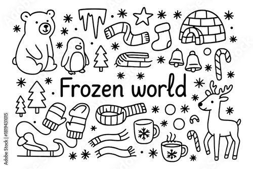 Frozen World Doodle. Frozen world. Hand-drawn doodle illustration of Frozen world. Polar bear, penguin, igloo,