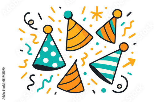 Joyful Party Celebration. Party hats and confetti. Playful celebration scene with colorful hats floating