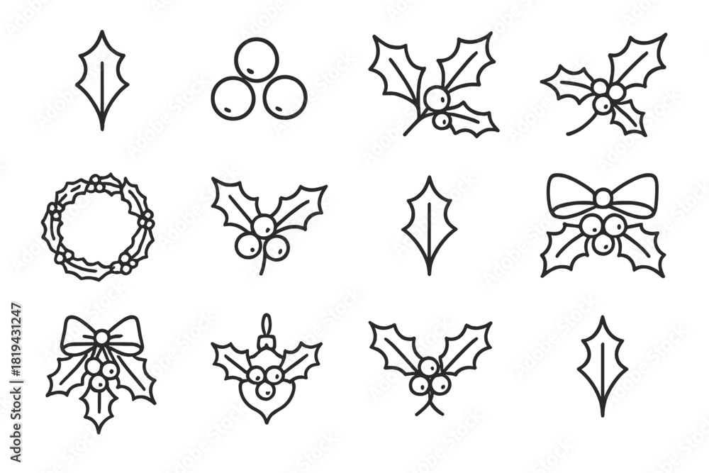 Fototapeta premium Holly Icon Set. Holly leaves and berries. Line outline icon set of holly leaves and berries: classic holly