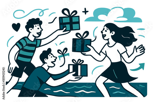 Gifts by the Sea. Friends exchanging gifts by the sea. Gentle breeze blowing ribbons, waves and abstract