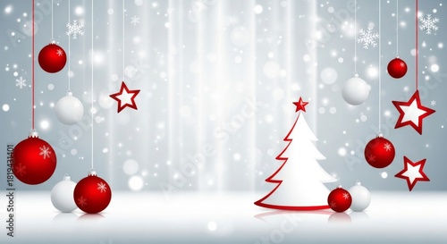 Ein weißer stilisierter Weihnachtsbaum steht zwischen roten und weißen Kugeln und Sternen vor einem glitzernden Winterhintergrund und wirkt modern, klar und festlich. Generative KI