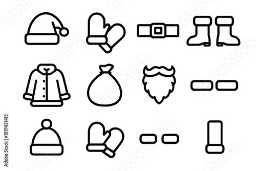 Santa Outfit Icons. Santa outfit. Line outline icon set of Santa outfit: Santa hat, Santa gloves, fur mittens,