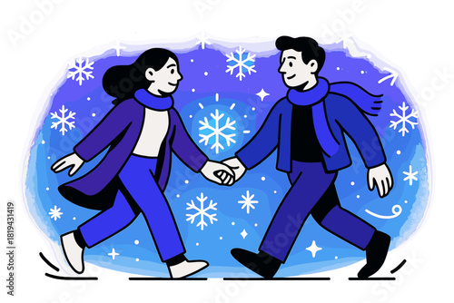 Magical Winter Romance. Holding hands with snowflakes glowing. Stylized flakes floating like stars around the