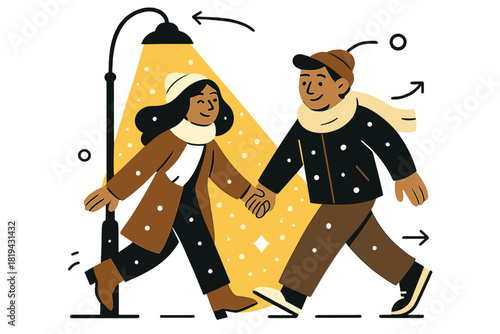 Snowlit Warmth. Holding hands in snowfall near streetlight. Warm golden light illuminating falling snowflakes