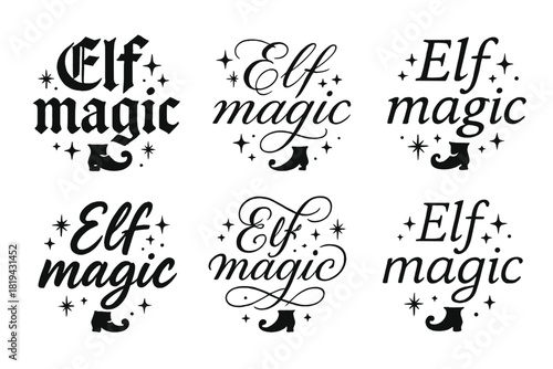 Elf Magic Lettering. Elf magic. Create a calligraphy lettering illustration of the phrase: Elf magic. Render 6