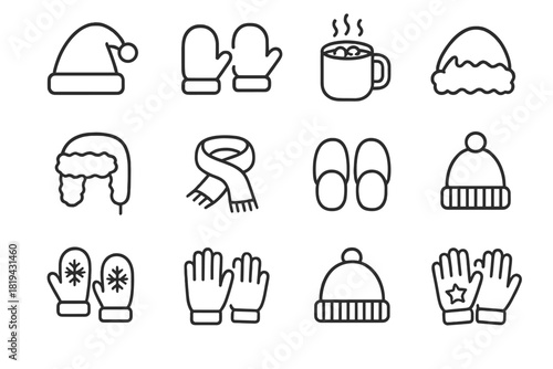 Cozy Christmas Icons. Cozy Christmas. Line outline icon set of cozy Christmas: Santa hat, mittens, cocoa mug,