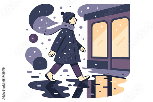 Reflective Winter Stroll. Winter stroll reflection. Person walking past glowing shop windows, soft snowflakes