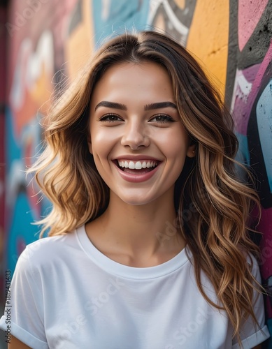 Portrait of a joyful young woman with wavy hair, near a colorful graffiti wall