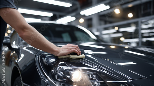 Hand applying ceramic coating on car hood under LED lights